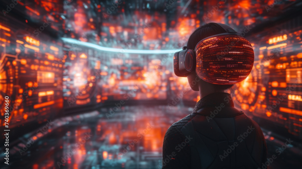 Poster a person in a virtual reality headset walking through a digital bank branch. holographic signs displ