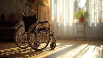 Composition with a solitary wheelchair in the foreground of a sunny and warm living space - obrazy, fototapety, plakaty