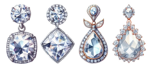 Diamond earrings watercolor illustration material set