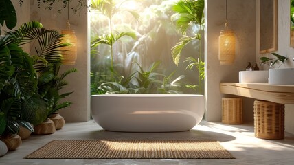 Bathroom design with tropical plants and pendant lights for serene home spa