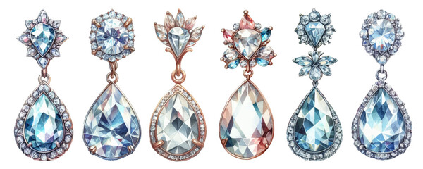 Diamond earrings watercolor illustration material set