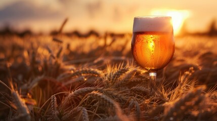 Glass of Beer on Wheat Field, Iconic Refreshment Symbolized by the Harmony of Nature 