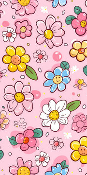cute cartoon sticker isolated pink background with flower seamless pattern
