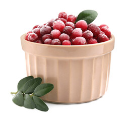 Frozen red cranberries in bowl and green leaves isolated on white