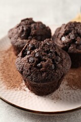Delicious chocolate muffins and cacao powder on light grey table, closeup
