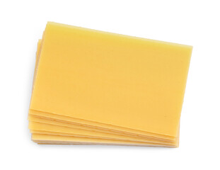 Stack of uncooked lasagna sheets isolated on white, top view
