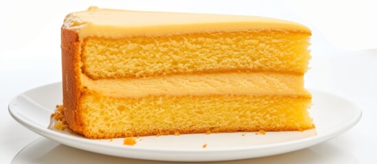 Fototapeta premium A slice of cake, a popular dessert, is placed on a white plate. It is a sweet treat made of various ingredients, baked goods, and often served as a birthday cake