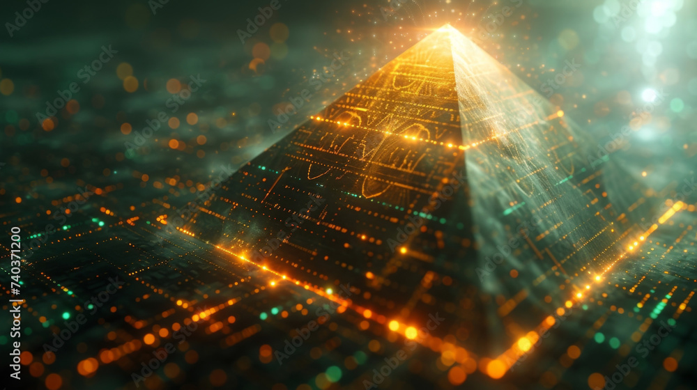 Poster an abstract depiction of a digital world with a central holographic pyramid representing the foundat
