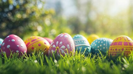 A collection of brightly decorated Easter eggs lying on a lush green lawn under the sparkle of sunlight.