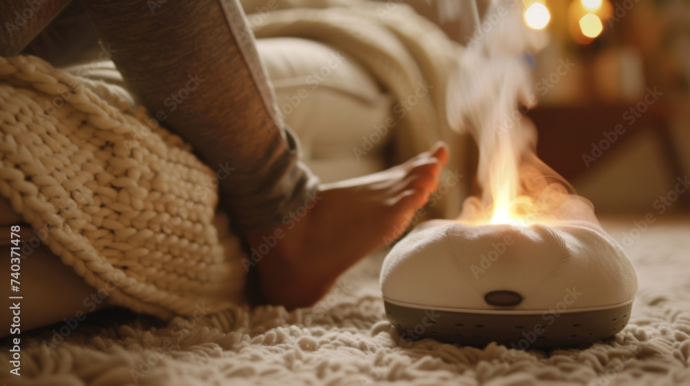 Poster An upclose image of a foot warmer with a builtin aromatherapy feature releasing calming scents to enhance your relaxation experience.