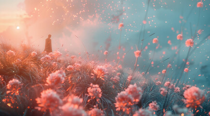 Obraz na płótnie Canvas Sunset in the field. Colorful spring flower background