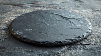 Empty round slate plate on a textured background ready for gourmet presentation