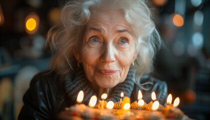 Portrait of a beautiful elderly Caucasian woman celebrating her birthday by blowing out the candles on her birthday cake.