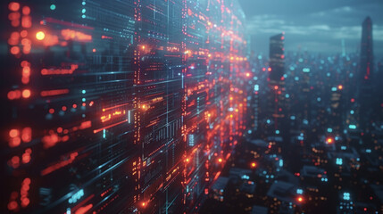 A futuristic cityscape is transformed into a digital stock market displaying holographic representations of various financial assets and transactions being conducted through
