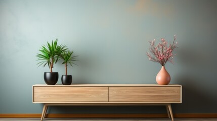 Stylish composition of modern hall interior with elements of rustic and boho style, wooden commode and other home accessories.