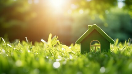 Sunlit Green Eco Home: Sustainable Living Concept with House Icon on Lush Lawn