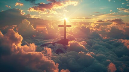 Fototapeta premium Holy cross on hill with dramatic sunrise background for Easter Christian resurrection of Jesus Christ. 