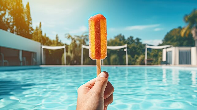 Hand Holding Popsicle With Pool in Background 