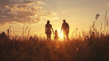 Silhouette of a family holding hands together during a beautiful sunset in meadow.