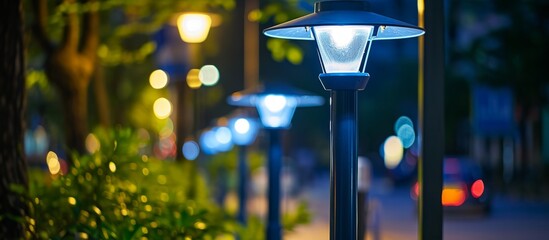 At midnight, a row of electric blue street lights on a pole illuminates the city park. The security...