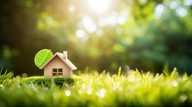 Sunlit Green Eco Home: Sustainable Living Concept with House Icon on Lush Lawn
