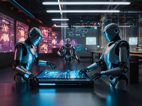three artificial intelligence robots carrying out monitoring tasks on technological equipment