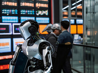 Artificial intelligence robot working in a brokerage house with analysts and brokers
