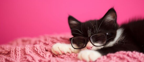 Obraz na płótnie Canvas Adorable black and white cat with stylish glasses on pink cozy blanket