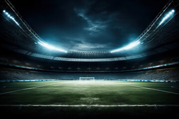 Vibrant photo showcasing a soccer goal in a stadium. AI generative - obrazy, fototapety, plakaty