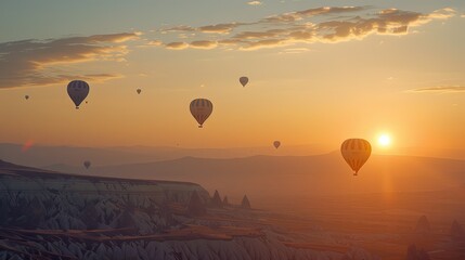 Hot air balloons flying in sunset sky Cappadocia, Turkey