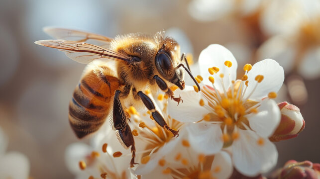 Closeup of a bee buzzing from flower to flower gracefully collecting pollen as it moves to its own beat.