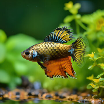 Stunning photography featuring a black and gold betta fish. AI generative
