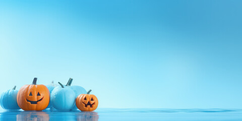 Creative bokeh panorama of pumpkins, spiders, webs, and ghost on blue background. AI generative