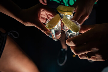 Tequila Shots with Lime and Salt. toast with tequila - obrazy, fototapety, plakaty