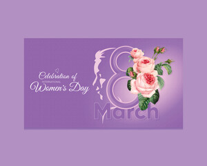 International Women’s Day banner background. Pink theme with roses. Symbolic of women. Website banner, landing page.