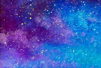 Foto op Canvas Universe filled with stars blue and purple handmade acrylic painting. Watercolor background artwork © Original Painting