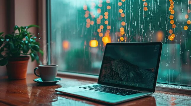 Rainy Day Retreat: Laptop and Coffee by the Window Seamless looping 4k time-lapse virtual video animation background. Generated AI