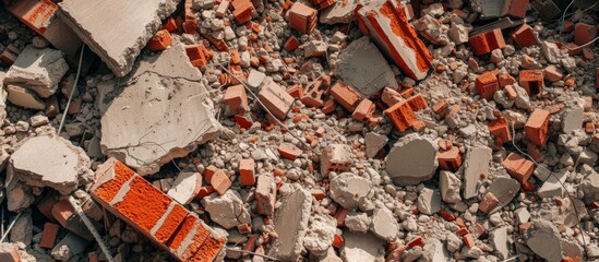 A collection of bricks and rocks scattered across the soil, creating a unique urban design element in the city landscape. Captured in aerial photography during a community event