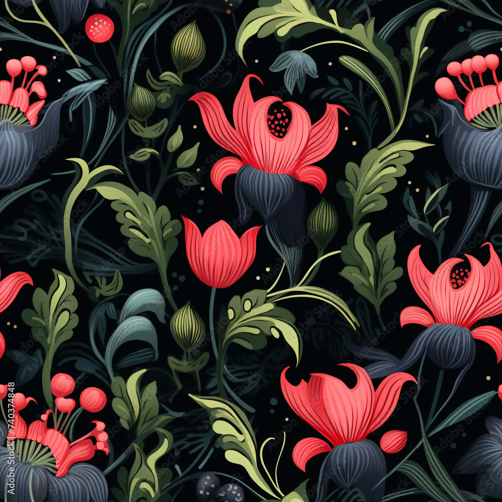 Wall mural red flowers on dark background seamless pattern. folk style. floral background for print, fabric, pa