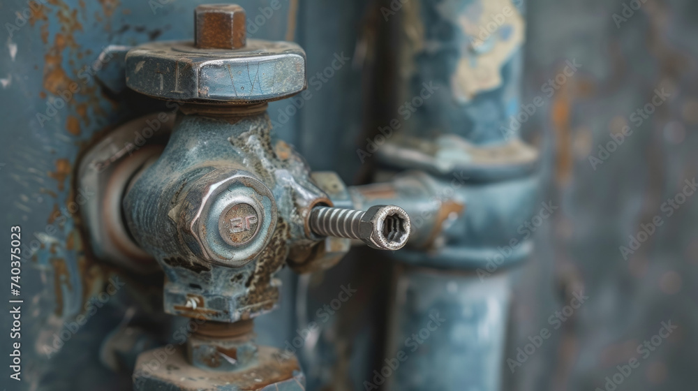 Poster a closeup of a radiator valve with a small key inserted to control the flow of hot water and adjust 