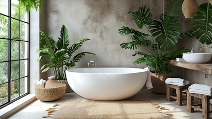 A serene bathroom oasis with lush greenery and natural light, a tranquil retreat