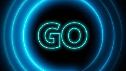 Neon blue circles with word go glowing on a dark background.