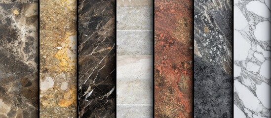 The picture showcases a variety of marble types resembling wood, soil, metal, and fur patterns with a backdrop of grass, trees, and tree trunks