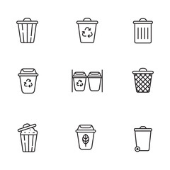 Set of trash can icons with linear style on a white background