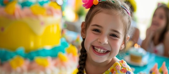 The toddler is happily smiling at the birthday party, her eyes sparkling with joy and her hair in cute pigtails. Its a fun and leisurely event for her