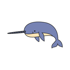 Cute cartoon narwhal isolated on white background. Vector illustration.