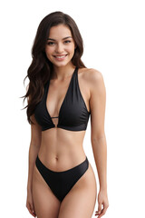 Fototapeta premium Beautiful woman in a black swimsuit smiling and looking at the camera, isolated, transparent background, no background. PNG.