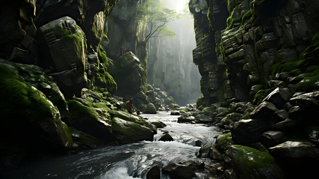 a stream runs between two rocky cliffs and green moss