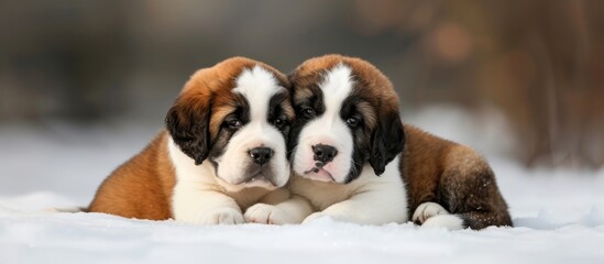 Two Saint Bernard puppies, a dog breed in the Working Group, are peacefully resting together in the snow, showcasing their instincts as carnivores and their role as companion dogs