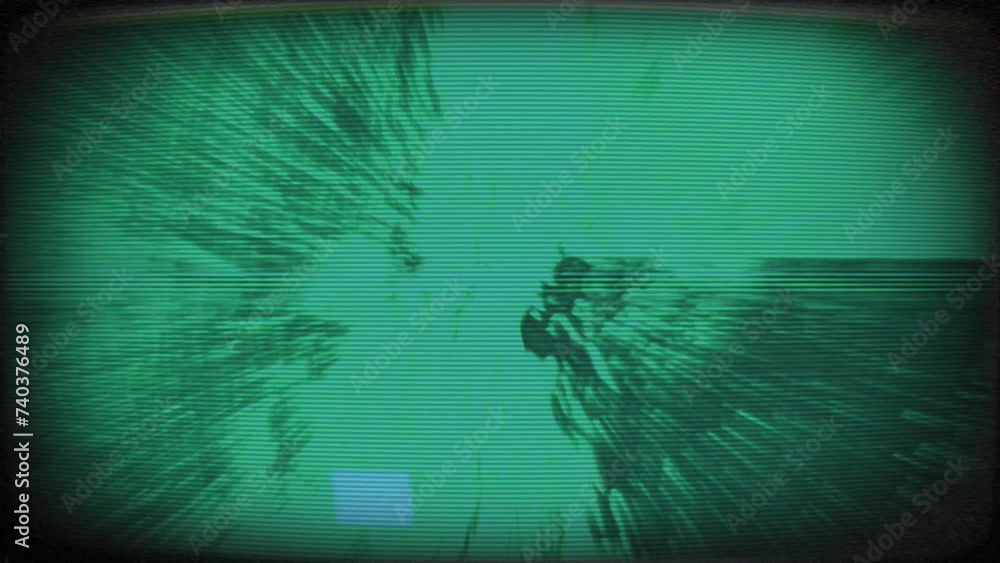 Poster television screen with a dark blue background and fast moving dark images with glitches, static and 